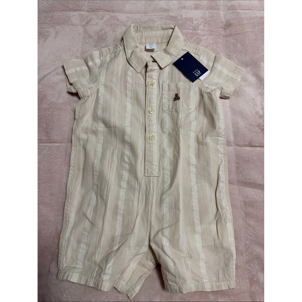 Baby Gap Neutral Striped Short Sleeve Romper Bear‎ Logo Beige 12-18 Months NEW